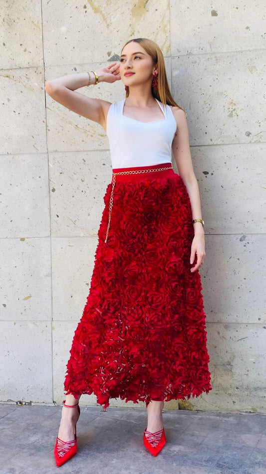 FALDA ROJA FLORES 3-D